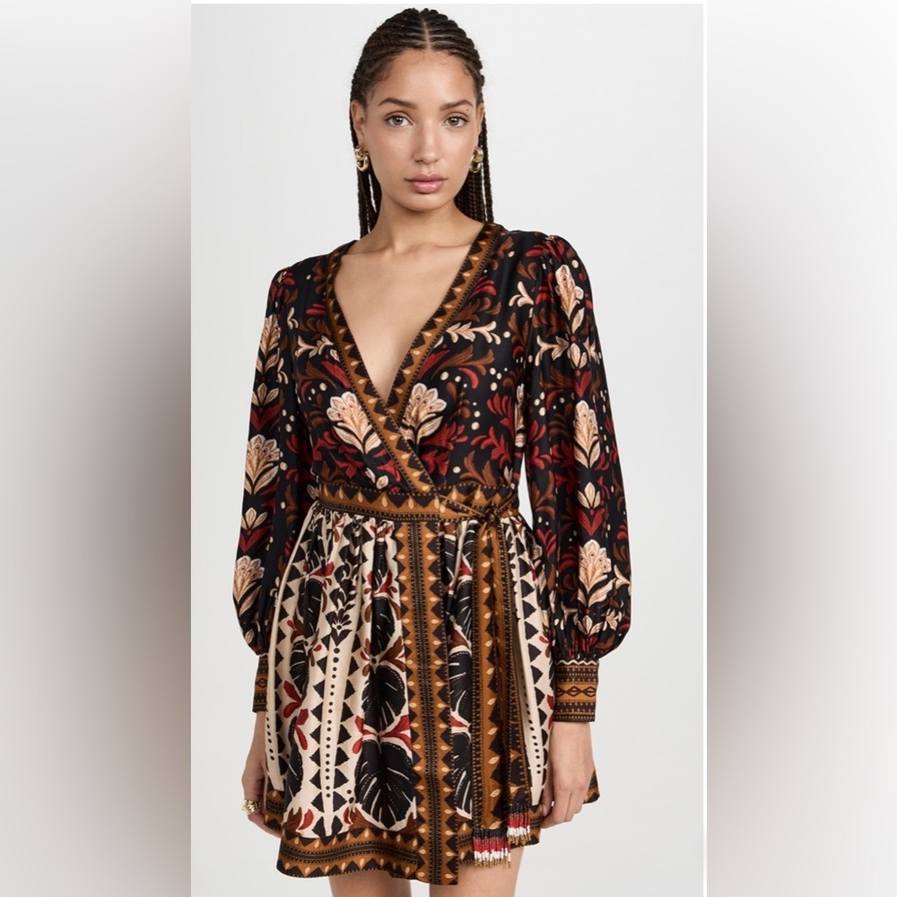 FARM Rio Tapestry Garden V-Neck long sleeves Belted Mini Wrap Dress Size XS NWT